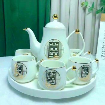 Bộ cốc bình sứ khay tròn xoay chữ Hỷ