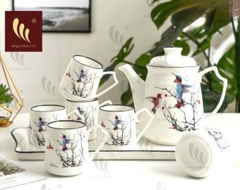 Bộ cốc bình cao khay sứ hình chim