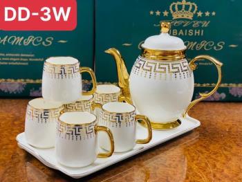 Bộ trà khay sứ hạt mưa viền vàng  DD-3W