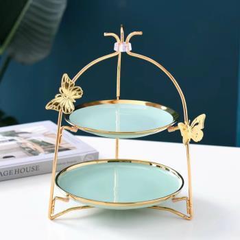 Đĩa quả sứ khung vàng (bướm) 2 tầng
