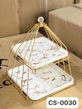 Đĩa quả sứ trắng vuông 2 tầng dây vàng