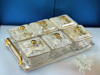 Khay mứt CN thủy tinh ngăn rời nắp sứ vân đá 2607