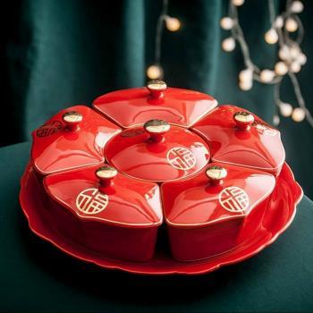 Khay mứt sứ đỏ HỈ tròn ngăn rời
