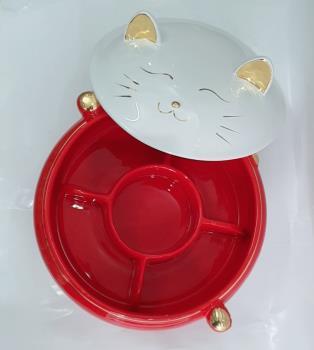 Khay mứt sứ mèo đỏ 30cm HD2794-R