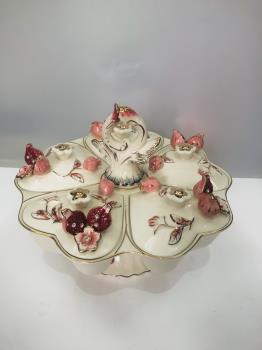 Khay mứt sứ ngà công chân xoay lựu đỏ 034