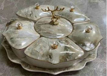 Khay mứt sứ tròn 6 ngăn vân đá núm hươu
