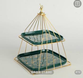 Khay quả sứ vuông xanh 2 tầng dây vàng