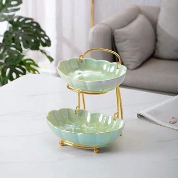 Khay quả sứ xanh ngọc ovan 2 tầng
