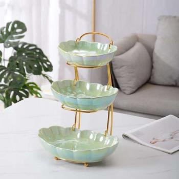 Khay quả sứ xanh ngọc ovan 3 tầng