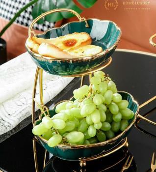Khay quả sứ xanh ovan bô đê VV 2 tầng